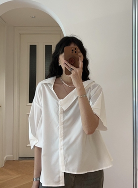 夏装新款 个性小众不对称白色短袖衬衫衬衣