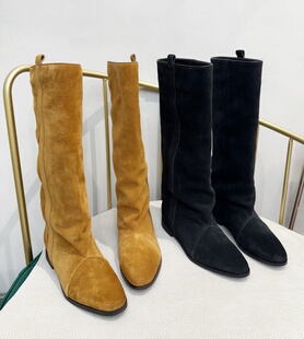 筒靴 裤 2025新款 极简小方头内增高长筒靴女真皮骑士靴
