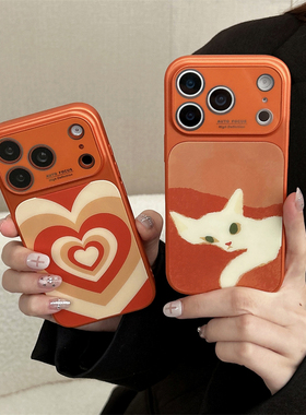 ins风橙色13懒惰猫咪15适用iphone17手机壳苹果16 pro max磁吸无线充电话保护套14拼色爱心magsafe大视窗防摔