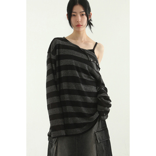 unisex open knit stripe shoulder