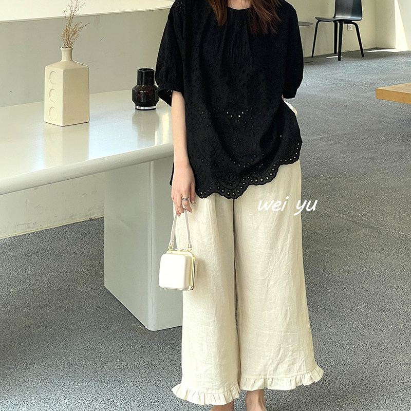 薇语大码女装木耳边微喇阔腿裤女2025春夏季宽松胖妹妹亚麻九分裤