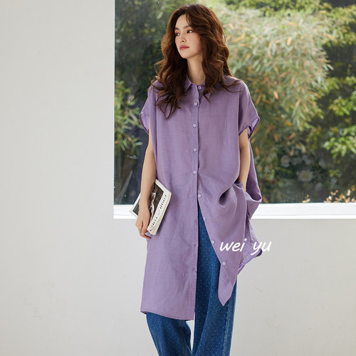 薇语大码亚麻短袖衬衫裙夏新款