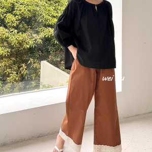 薇语大码女装百搭蕾丝边裤子女2024夏季新款松紧腰阔腿宽松休闲裤