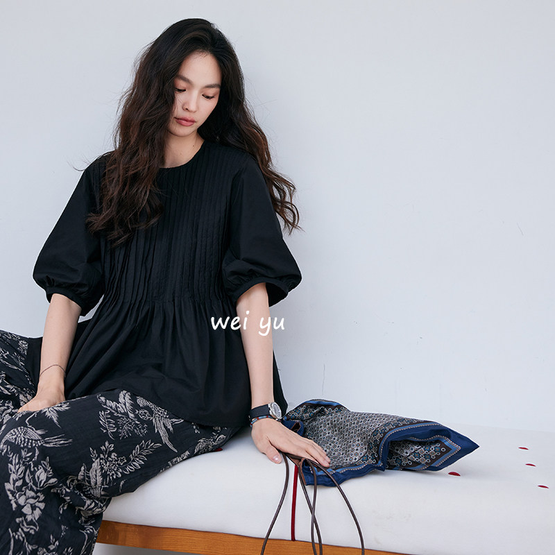 薇语大码女装风琴褶上衣女2026春夏新款高级感圆领半袖宽松T恤女