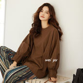 女装 长袖 法式 T恤女20204秋新款 圆领上衣 简约设计感灯笼袖 薇语大码