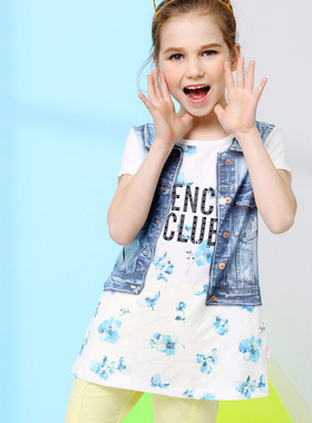 铅笔俱乐部女童夏季t恤衫儿童短袖衫印花女孩长版上衣162002