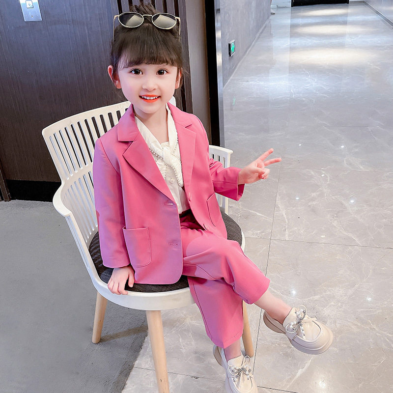 女童春秋装套装2023新款小童小西服女韩版格子女孩两件套女宝西装