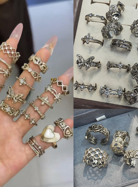 蝴蝶网纹三横闪钻锆石啡金色戒指