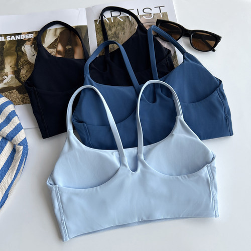 瑜伽内衣云感透气一体式胸垫细肩带吊带U领运动背心聚拢健身文胸