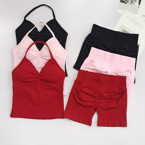 运动套装挂脖背心训练聚拢瑜伽服DF欧美提臀短裤健身服女