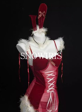 新年节日性感圣诞装兔女郎睡裙红色蕾丝透视网纱羽毛装饰纯欲套装