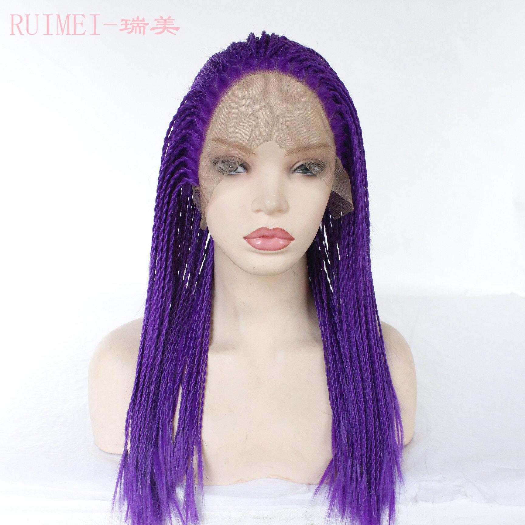 新款 紫色自由分二股辫子假发半手织前蕾丝头套化纤高温丝lacewig