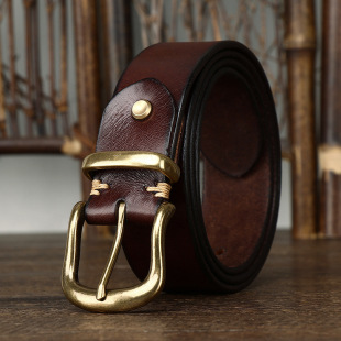 裤 韩版 休闲牛仔工装 潮流复古头层牛皮针扣皮带铜扣新款 腰带男 时尚