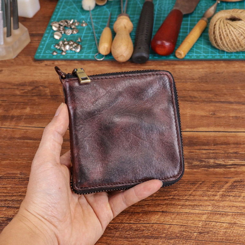 复古真皮男士短款钱包植鞣头层牛皮日系简约手工卡包零钱便携皮夹