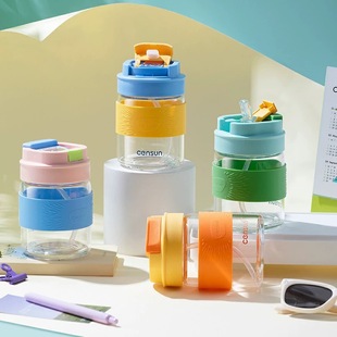 先行双饮玻璃杯男女学生小清新可爱便携单层高硼硅玻璃杯CBL 2436