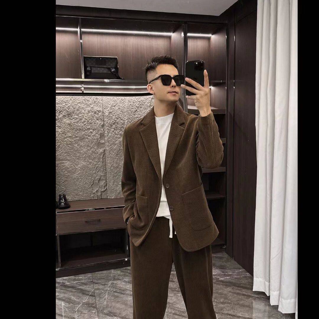 男士时尚休闲灯芯绒西装套装居家痞帅潮流修身显瘦气质百搭套装男