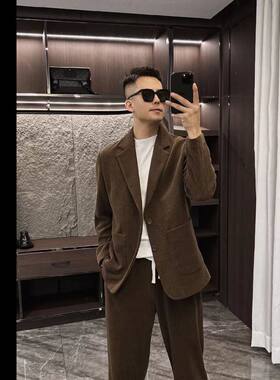 男士时尚休闲灯芯绒西装套装居家痞帅潮流修身显瘦气质百搭套装男