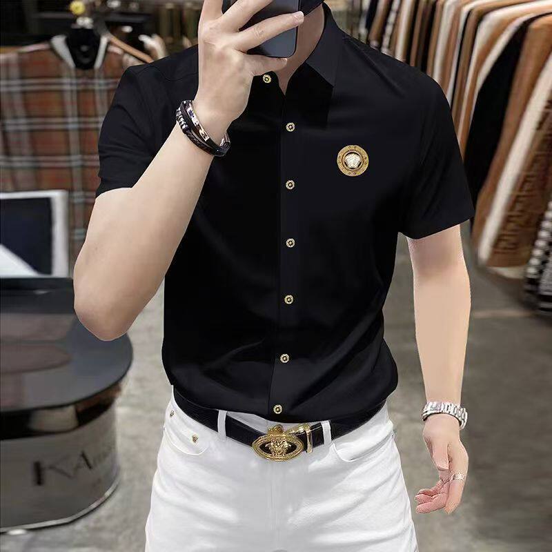 新款高端免熨烫垂感衬衫夏季短袖男士休闲修身感弹力商务纯 白色