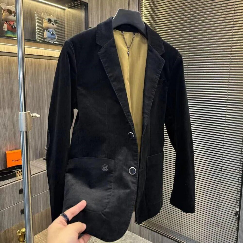 秋季新款条纹商务上衣高级感灯芯绒西装外套男修身简约休闲西服男