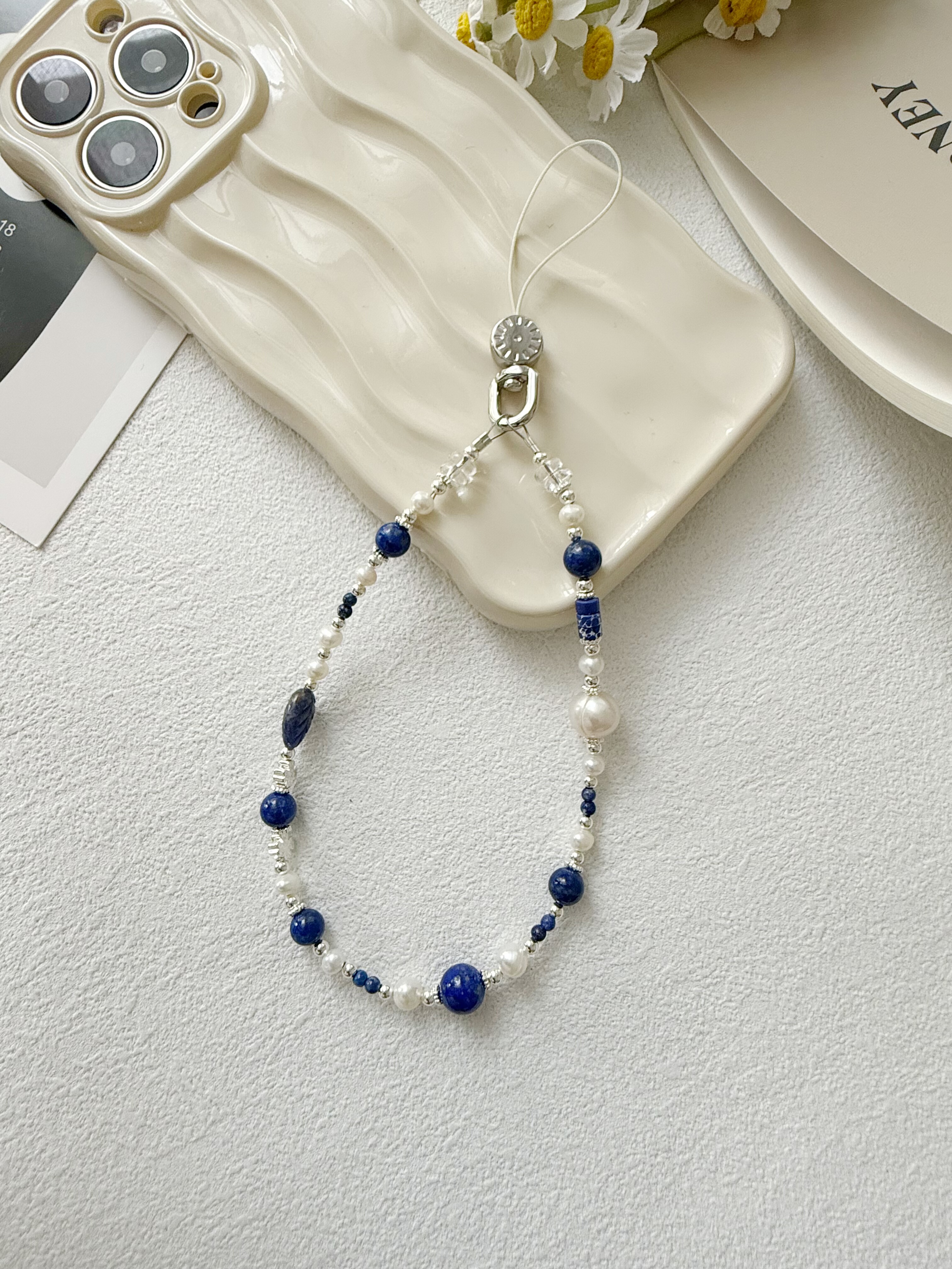 原创天然青金石珍珠水晶手机链挂件吊坠手机壳挂绳配饰串珠挂饰