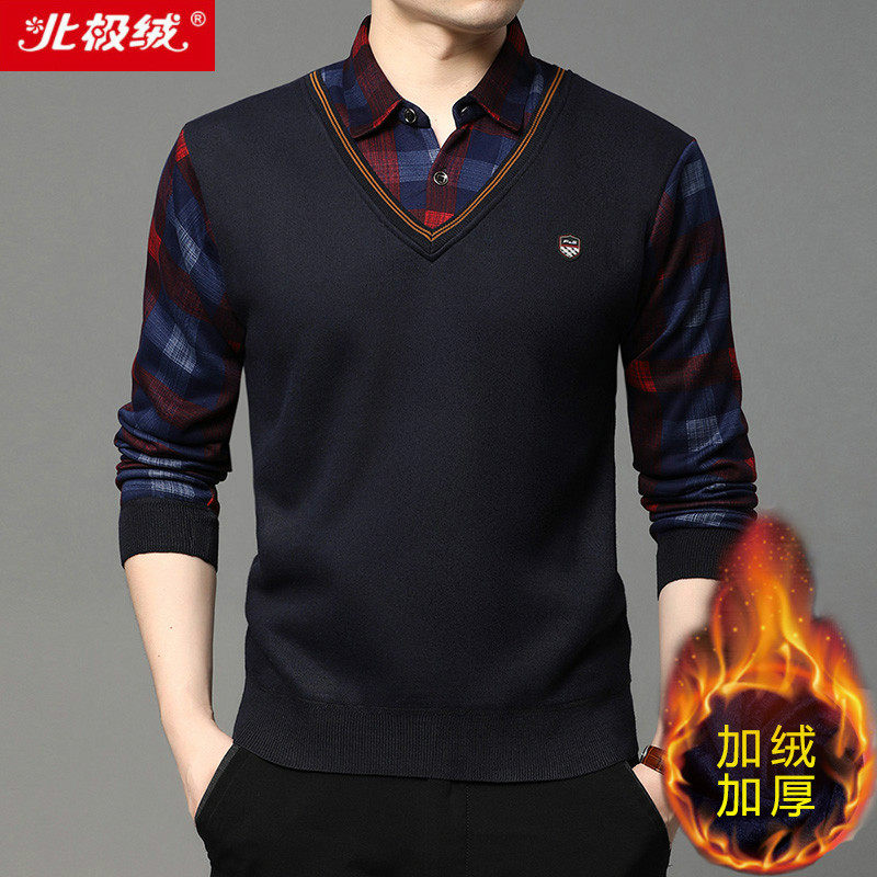 北極絨男士毛衣春秋新款襯衫領針織打底衫中年爸爸裝上衣假兩件套在類目 男裝, 針織衫/毛衣中 - 來自Buy2taobao.com提供專業的淘寶代購服務