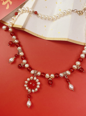 原创中国红新年款天然淡水珍珠红玛瑙民族风明制项链软璎珞贺新春