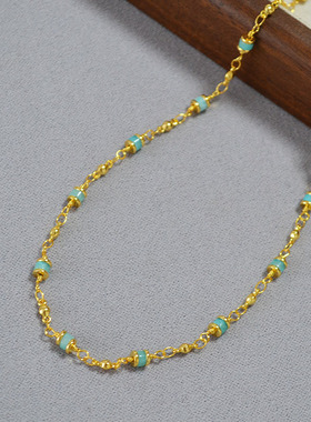 欧美时尚简约黄铜镀金清新海蓝色石头串珠手工链条轻奢项链锁骨链