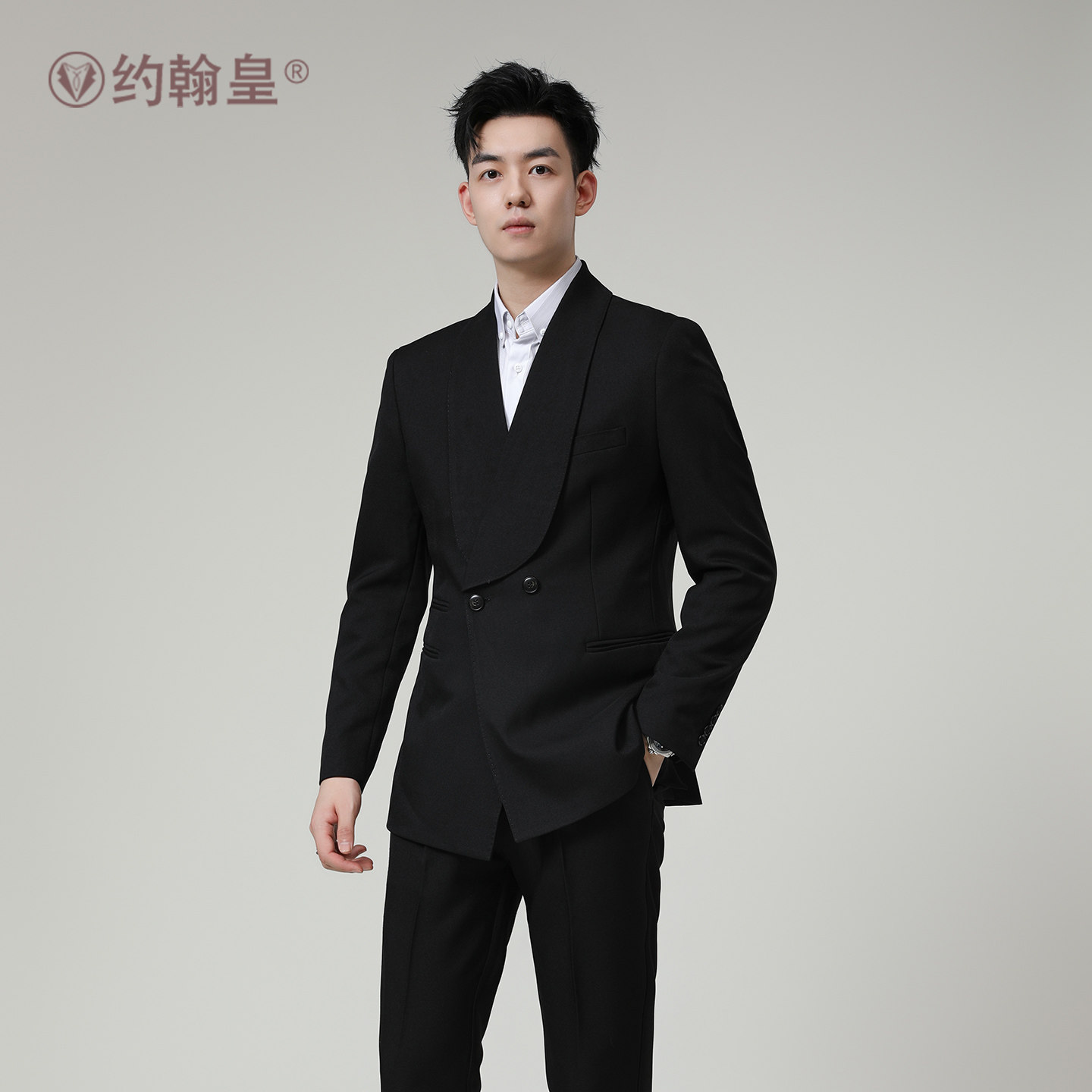 双排扣青果领男士休闲西服套装帅气西装两件套墨绿色正装结婚礼服