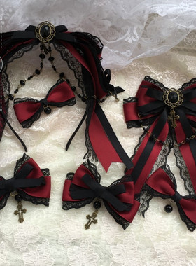 古堡夜色 原创暗黑酒红Lolita小物蝴蝶结发夹洛丽塔头饰哥特风KC