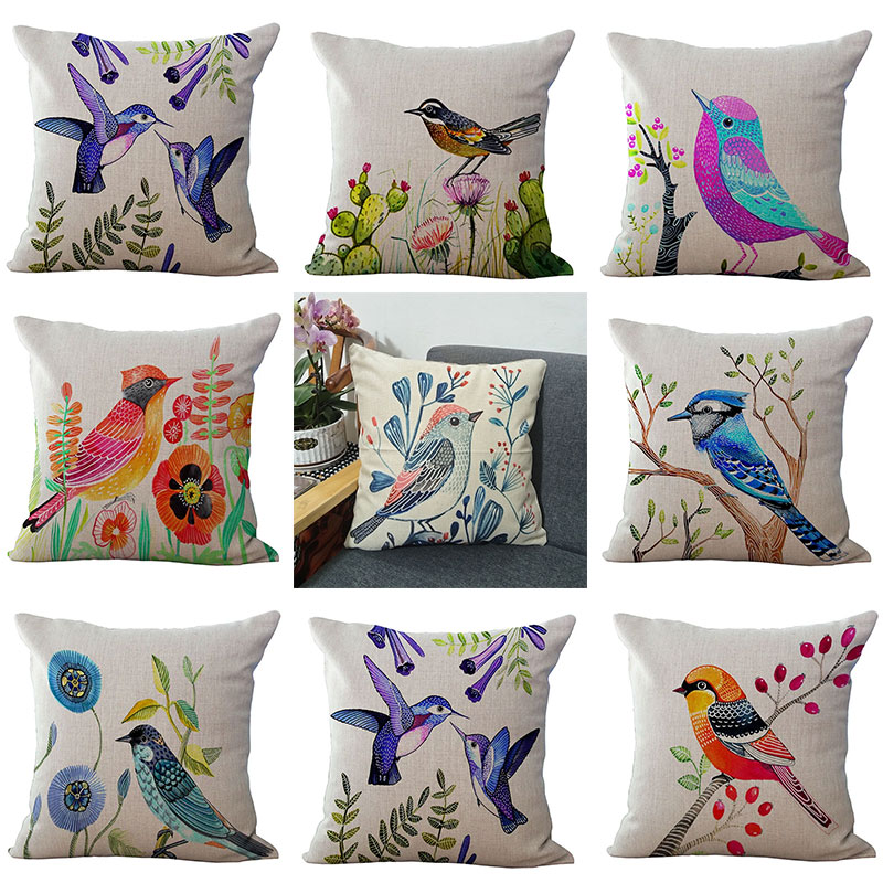 亚麻抱枕套彩绘小鸟抱枕套田园清新沙发靠垫套清仓沙发靠背咕臣套