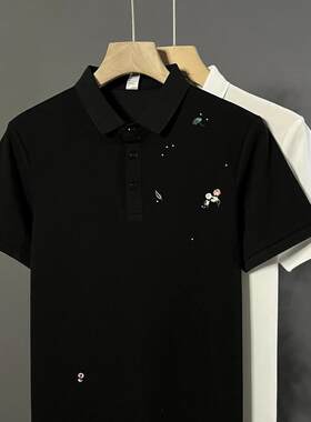 夏季男生短袖polo衫高级感花卉刺绣韩版修身帅气半袖T恤新款衣服
