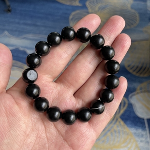 N12mm黑青玉籽料圆珠手串 有原皮朕®新疆和田玉