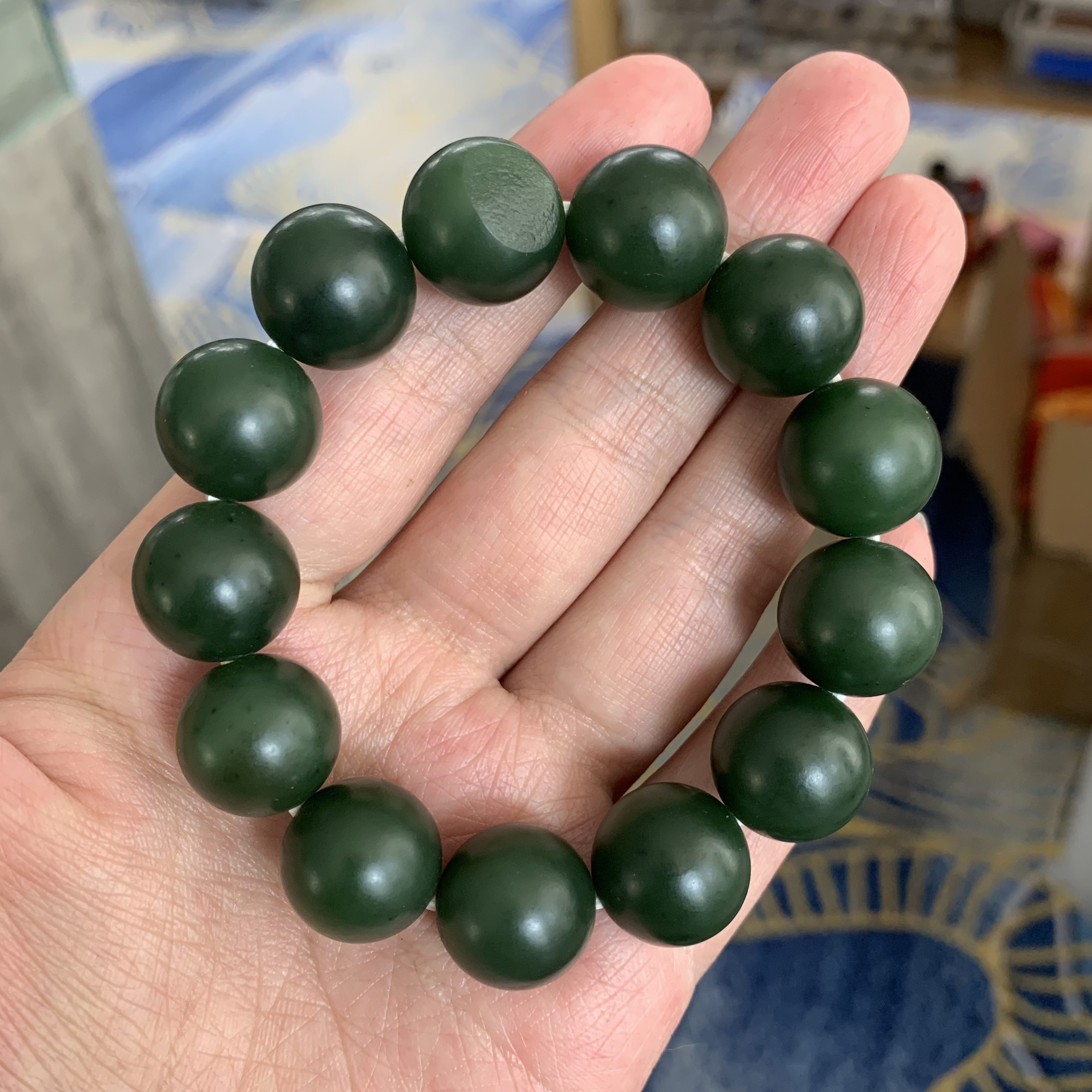 N16mm碧玉籽料圆珠手串有原皮朕®开仓新疆和田玉