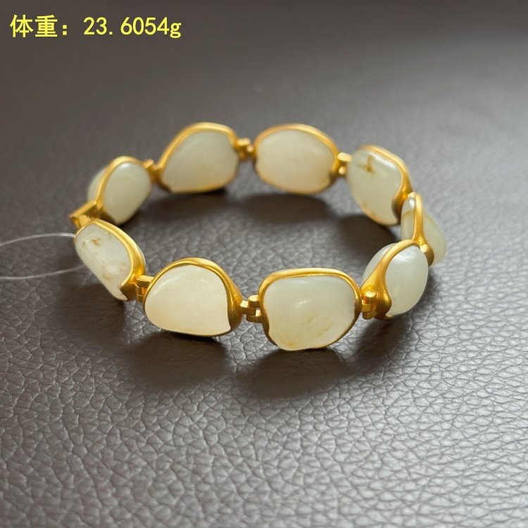 N适合14手寸以内~金镶白玉籽料原石手串 朕&reg;开仓新疆和田玉