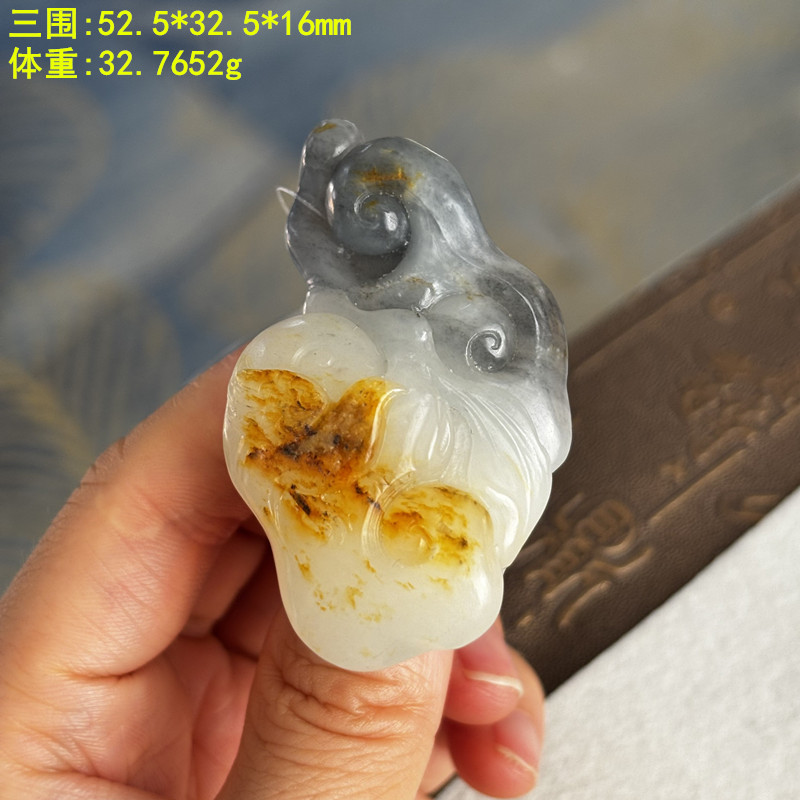 Z稀有三色青花独籽如意挂件/吊坠福禄寿有原皮 朕®开仓籽料