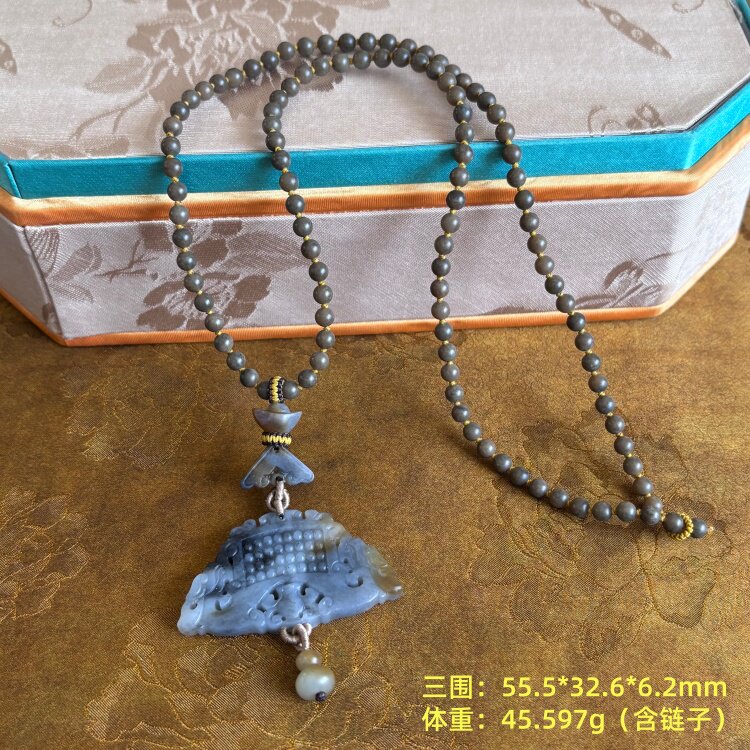 N复古国风~糖青花籽料仿古扇形如意玉佩套装 有原皮朕®新疆和田玉