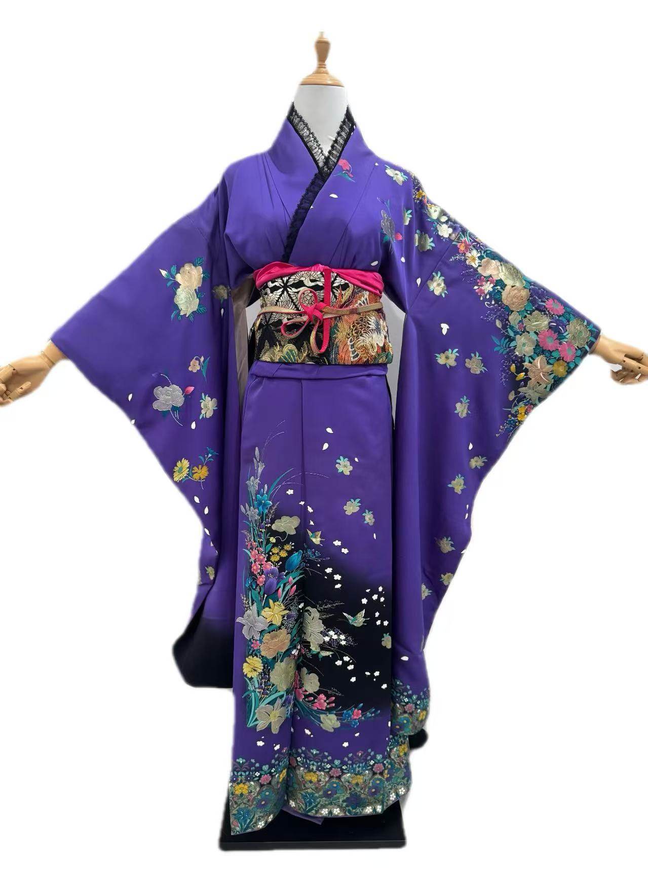 紫色系-日本进口珍藏正统正绢真丝豪华振袖和服中古套装女装特价