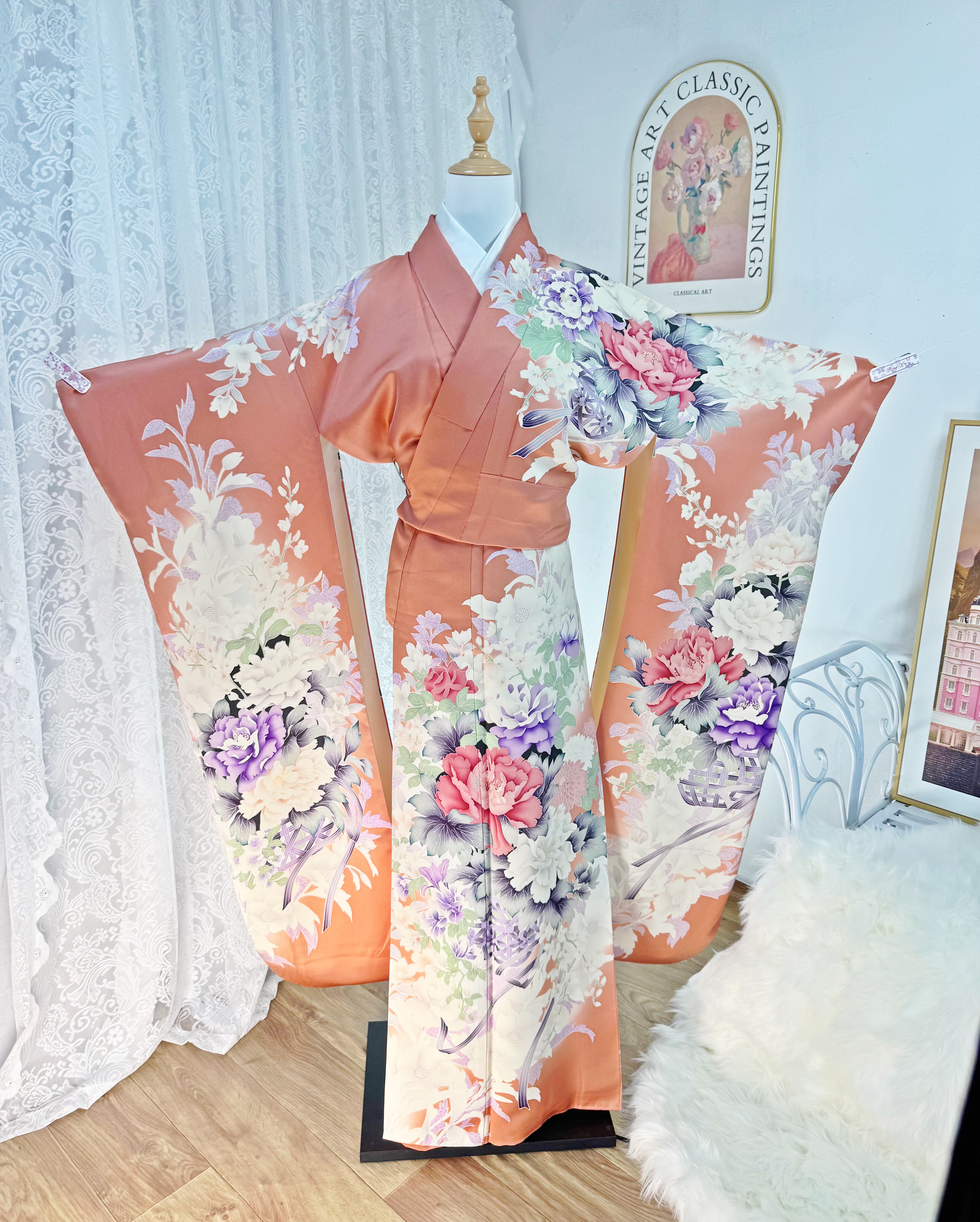 粉色系-捡漏清仓日本进口珍藏正统正绢真丝豪华振袖和服中古女装