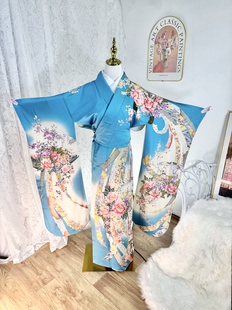 蓝绿色系捡漏清仓日本进口珍藏正统正绢真丝豪华振袖和服中古女装