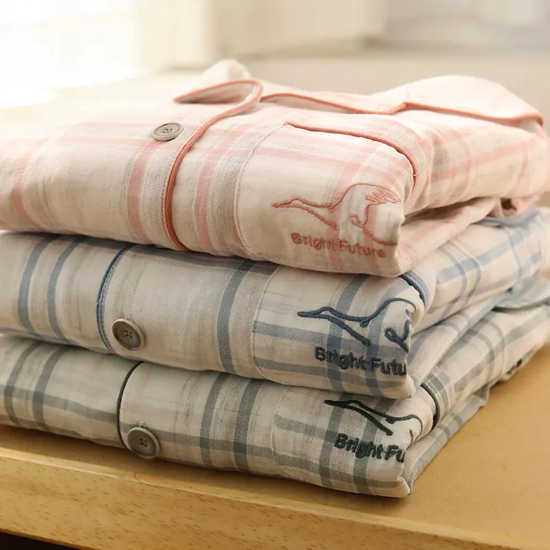 加工定制情侣睡衣新款简约高级感春秋纯棉双层纱布长袖家居服套装