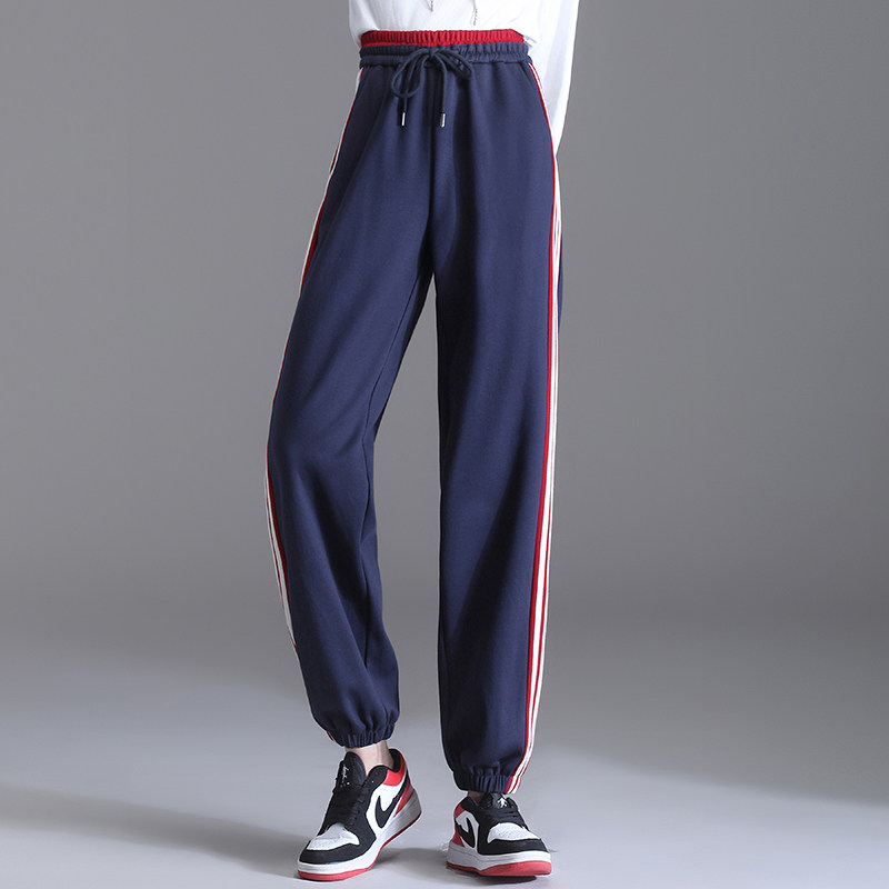 运动裤通勤风侧条纹哈伦卫裤女高腰宽松束脚显瘦长裤加绒加厚女裤