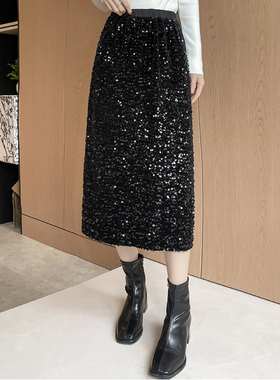 亮片半身裙女高腰显瘦黑色直筒裙中长款开叉休闲裙子5XL大码宽松