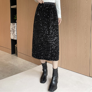 亮片半身裙女高腰显瘦黑色直筒裙中长款开叉休闲裙子5XL大码宽松