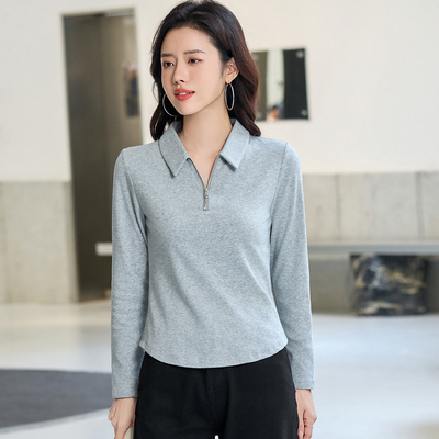 polo领拉链纯棉长袖t恤女打底衫