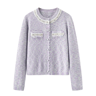 修身 女2026新款 显瘦毛衣外套上衣 针织开衫 艾格香芋紫小香风长袖