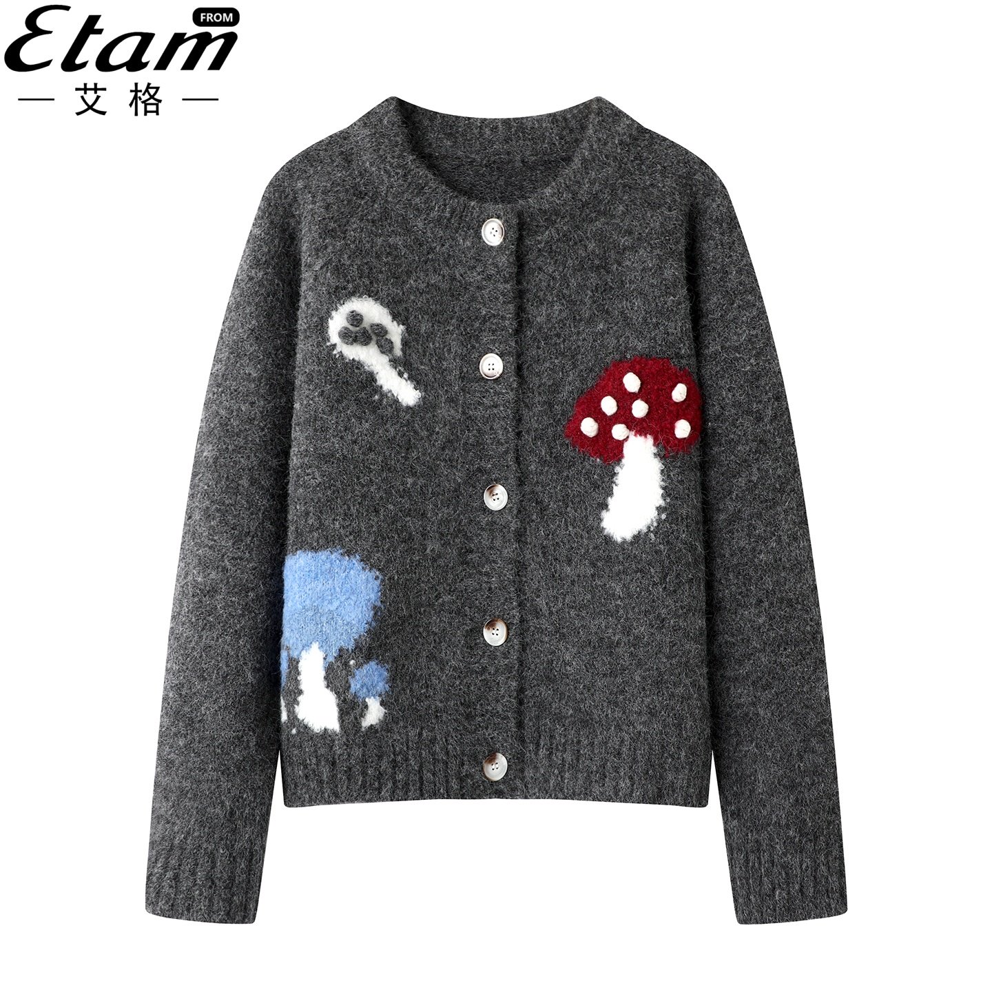 灰色早秋新款扣子休闲长袖绣花