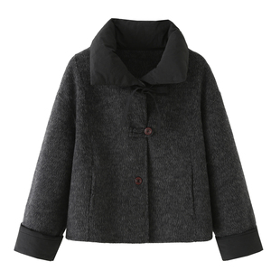 高端翻领拼接毛呢宽松时尚 加厚羊毛外套2025秋冬新款 外套 短款 女式