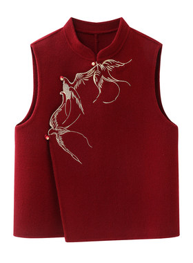 改良新中式轻国风女装红色立领双面呢刺绣盘扣叠穿新年马甲外套冬