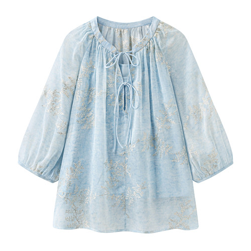 艾格V领蓝格假两件短袖衬衫女