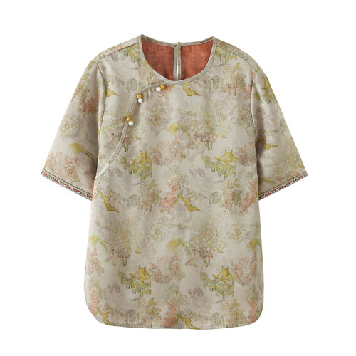 艾格国风斜襟提花短袖衬衫女